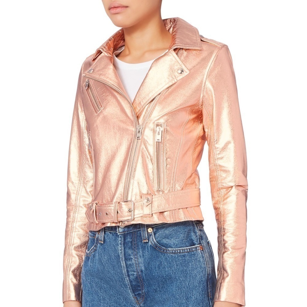 IRO Metallic Brooklyn Rose Gold Leather Moto Jacket NWOT Size 34